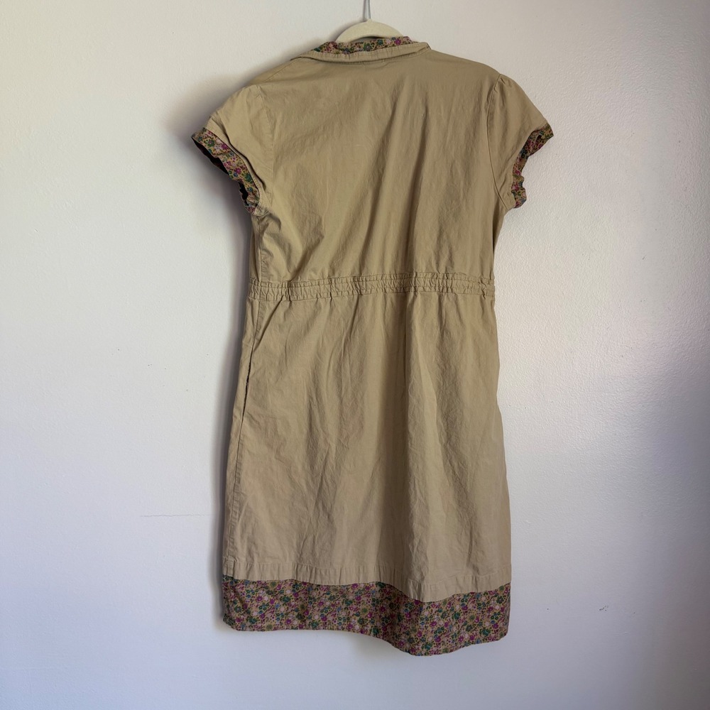 Y2K Merona XL Tan Khaki Floral Trim Button Down Shirt Dress Short Sleeve Pockets - Picture 6 of 8